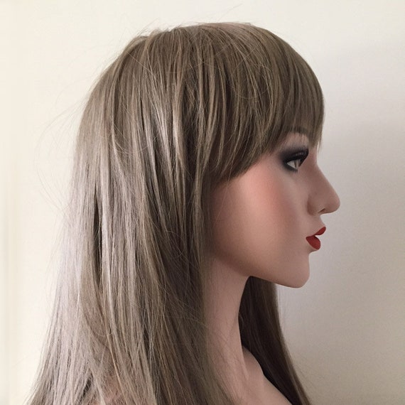 Women Soft Long Straight Fringe Bangs Ombre Ash Gray Brown End Smooth Hair Wig