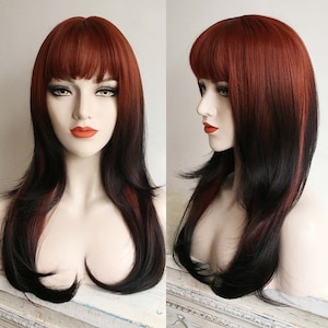 Women Ombre Auburn Dark Red Black Long Straight Fringe Bangs Layers Synthetic Cosplay Wig