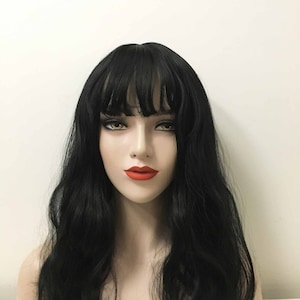 Long Black Curly Wig With Bangs Natural Wavy Fluffy Cosplay Wig For Women