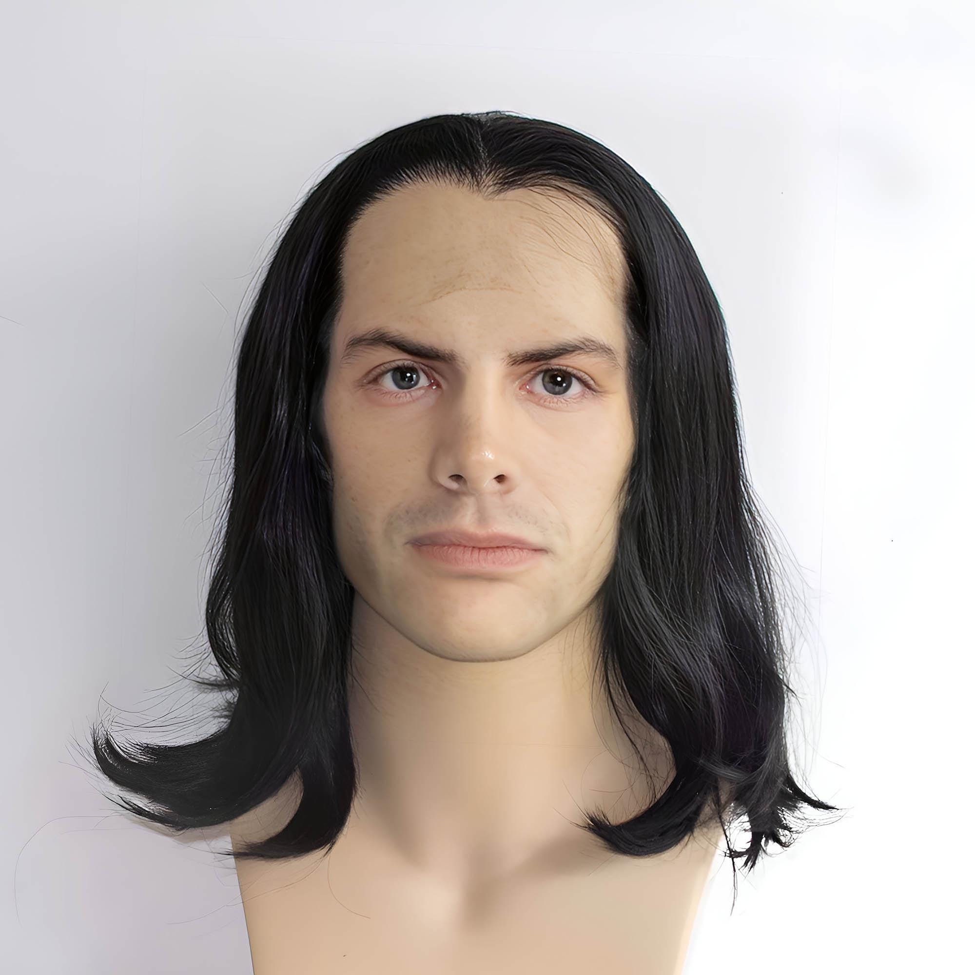 Men Black Lace Front Wig Widows Peak Hairline Cosplay Wigs For Male Long Straight Slicked Middle Part Goth Costume Synthetic Wig 12 Inches