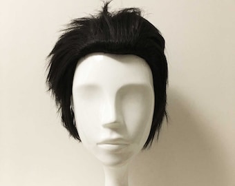 Men Black Slick Comb Back Cosplay Anime Short Hair Layers Wig Free Cap