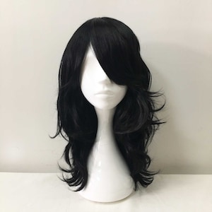 Men Black Gothic Anime Cosplay Party Long Wavy Curly Thick Bangs Hair Wigs Free Cap