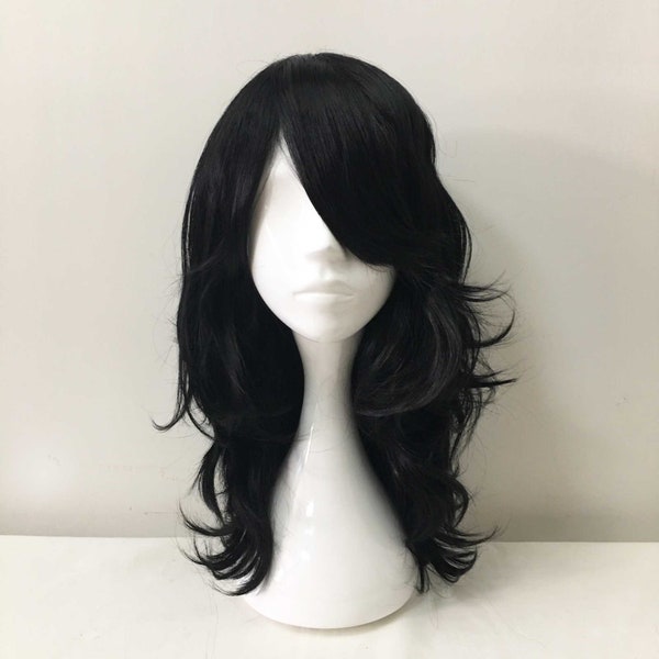 Men Black Gothic Anime Cosplay Party Long Wavy Curly Thick Bangs Hair Wigs Free Cap