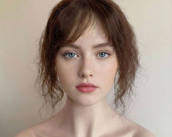 Women Dark Brown Human Curly Hair Topper With Thin Bangs Clip-In Wiglet Mesh Base
