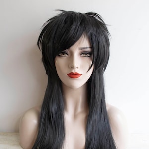 Emo Girl Wig Black Mullet Style Wolf Cut Gothic Anime Wig Fluffy Fringe Bangs Straight Hair Wig