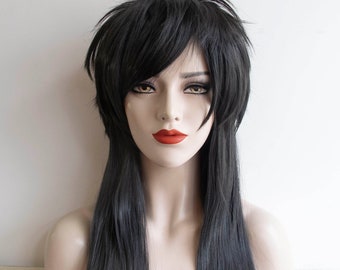 Emo Girl Wig Black Mullet Style Wolf Cut Gothic Anime Wig Fluffy Fringe Bangs Straight Hair Wig