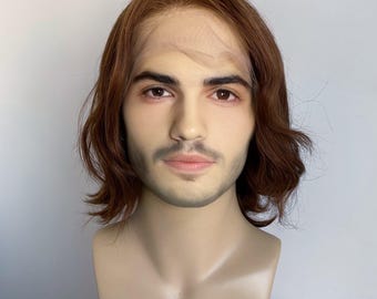 Mannen pruik echt haar Donkerbruin Pruik Kort krullend gordijn Pony Kanten Voorkant Pruik voor mannelijk Middelste deel Cosplay Pruik realistisch cadeau voor echtgenoot