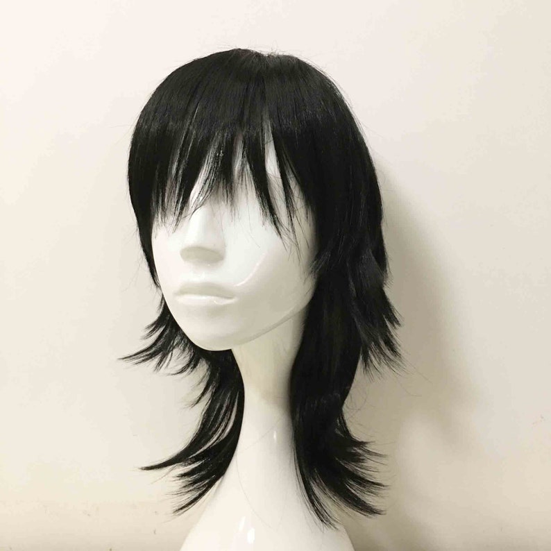 Unisex Black Mullet Layered Fringe Bangs Medium Length image 5