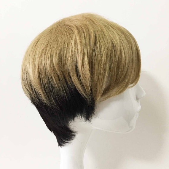 Ombre Men Fade Double Color Brown Black Layered Short Hair Long Bangs Wig