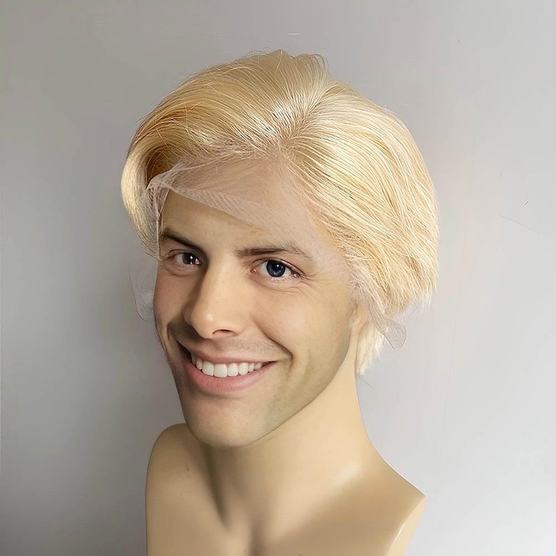 Men Blonde Human Hair Wig Lace Front Wig For Male Short Straight Real Hair Wig Cosplay Costume Natural Wig 13X6 Frontal Lace Wig Side Part