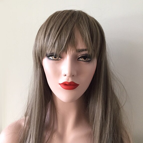 Women Soft Long Straight Fringe Bangs Ombre Ash Gray Brown End Smooth Hair Wig
