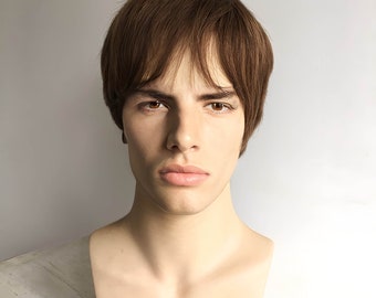 Lichtbruine pruik voor mannen Menselijk haar pruiken met pony Shaggy lijmloze natuurlijk ogende pruik Kort steil haar Alopecia-pruik