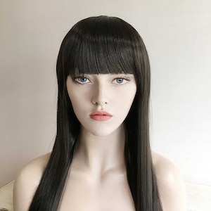Black Wig With Bangs, Glueless Wig, Women Straight Black Long Synthetic Wig, Blunt Bangs 22 Inches