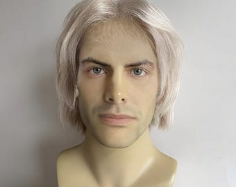 Men Human Hair Wig Silver Platinum Blonde Lace Front Short Straight Costume Cosplay