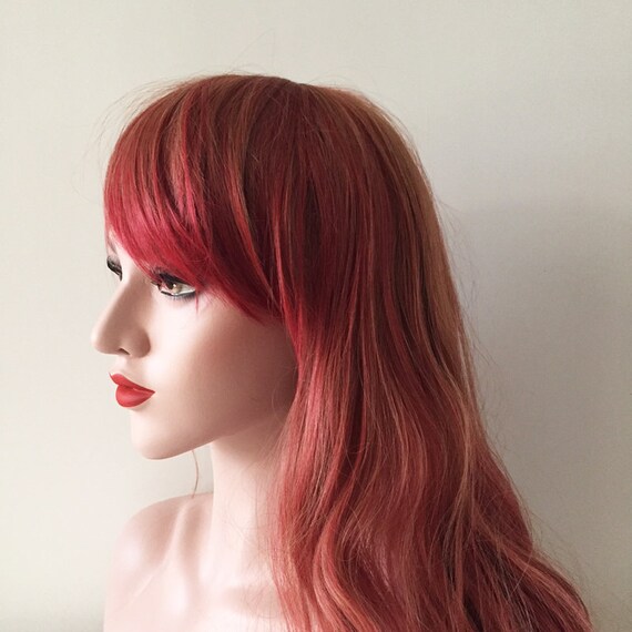 Women Ombre Red Orange Long Wavy Curly Hair Bangs Lolita Etsy