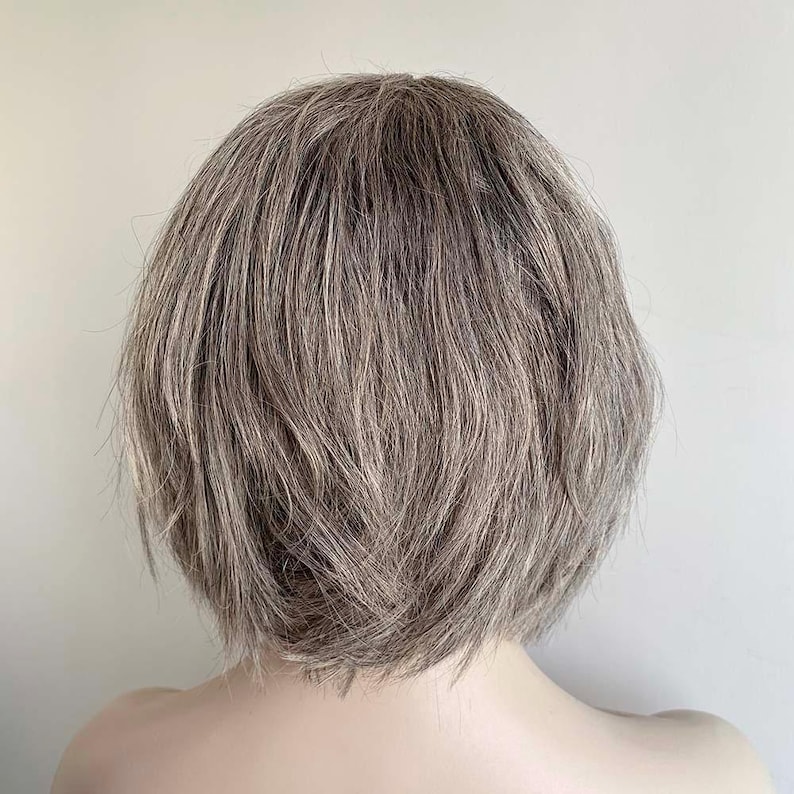 Grey Human Hair Wigs For Women Lace Front Wig With Bangs Gray Silver Salt And Pepper Wig Short Bob Slight Wavy Chemo Alopecia Wig
