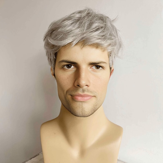 Men Gray Silver Wig With Bangs Short Straight Cosplay Costume Party Mens Wigs