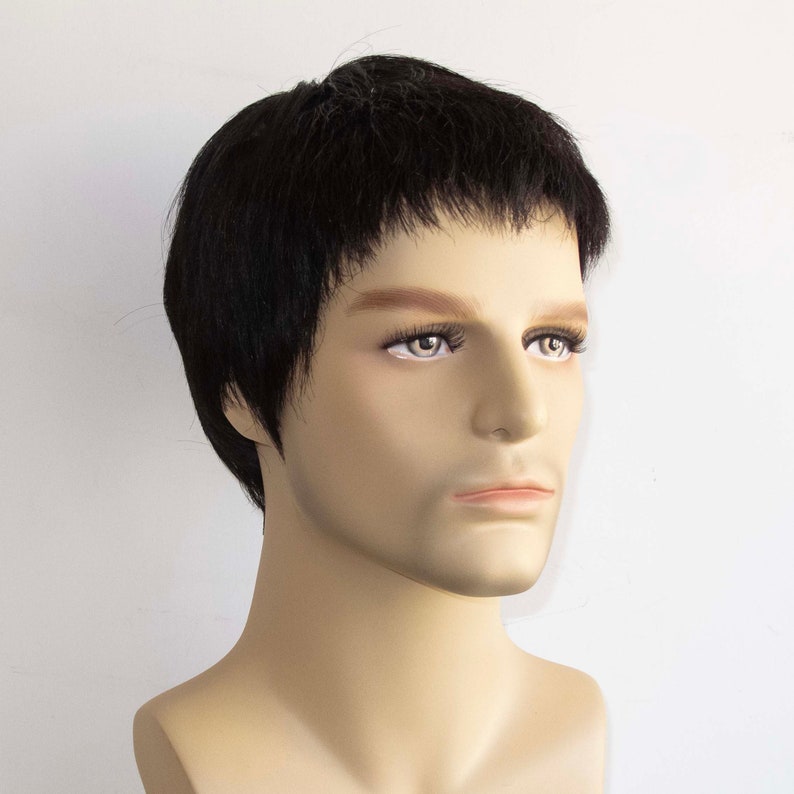 Men Black Real Human Hair Very Short Straight Flat Very Short Fringe Bangs Wig