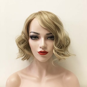 Women Blonde Side Part Bob Cut Curly Wavy Short Hair Fashion Costume Wig