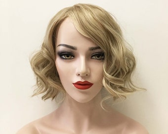 Women Blonde Side Part Bob Cut Curly Wavy Short Hair Fashion Costume Wig