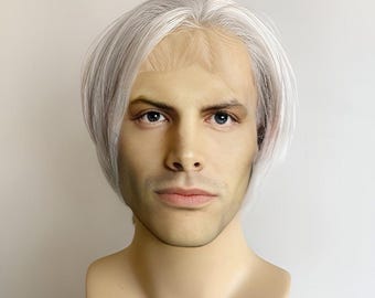 Zilvergrijze pruik met kant voor mannen Lange gordijnpony Kort steil haar Klassiek tijdloos Haarlijn aan de zijkant Mannelijke pruik Natuurlijk ogend