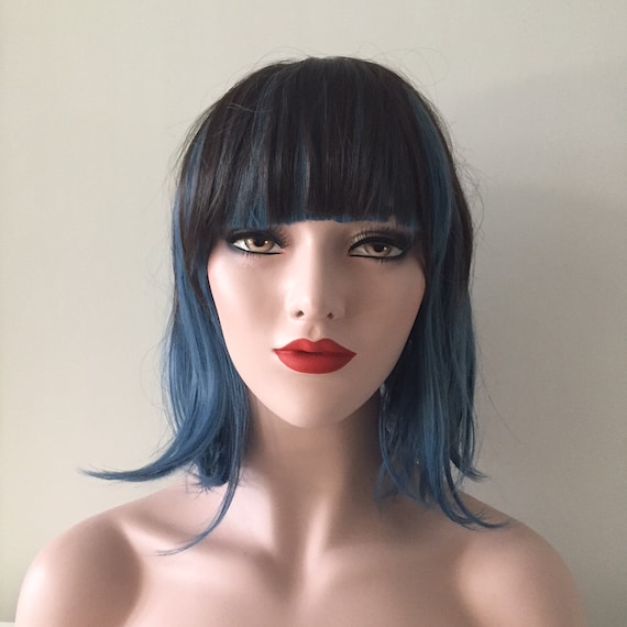 Women Lolita Blue Dark Brown Ombre Fading Hue Color Thick Bob Straight Hair Wig Free Cap