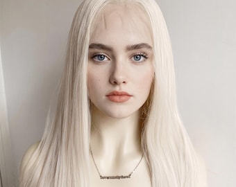 Platinum Blonde Lace Front Wig For Women Widows Peak Hairline Long Straight Wigs Realistic