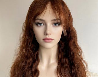 Women Brown Human Hair Wig Auburn Tone With Bangs Lace Front Long Curly Realistic