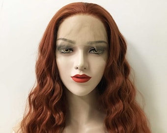 May include: A long, wavy, auburn-colored wig with a lace front. The wig is styled in loose waves and falls to the shoulders.