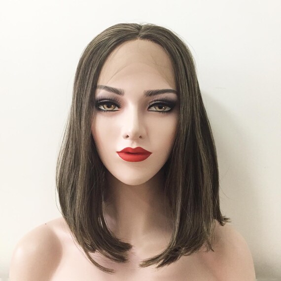 Women Lace Front Dark Gray Ash Blonde Medium Length Middle Part Straight Hair Wig 12inches