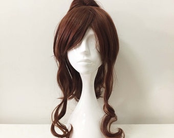 Dark Brown Anime Wig Detachable Ponytail Long Curly Bangs Wig Costume Cosplay Wig