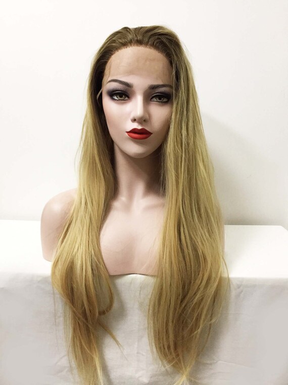 Women Lace Front Ombre Dark Brown Root Blonde Free Parting Long Natural Straight Hair Wig Free Cap 24inches