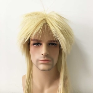 Men Punk Rock Rockstar Mullet Fluffy Fringe Bangs Beige Blonde Long Hair Costume Wig