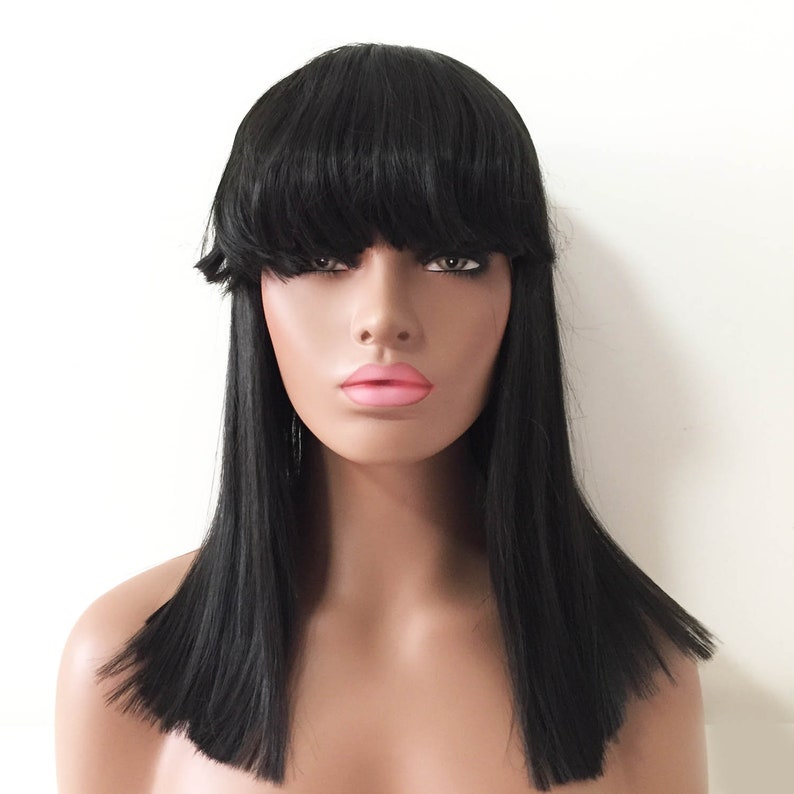 Women Lace Front Dark Black Long Thick Bob Curl Bangs Straight Etsy