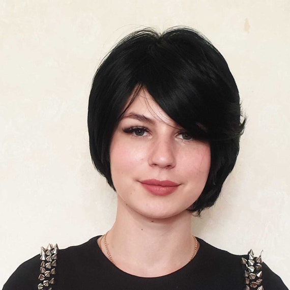 Women Short Cut Black Straight Hair Thick Long Bang Cosplay Etsy