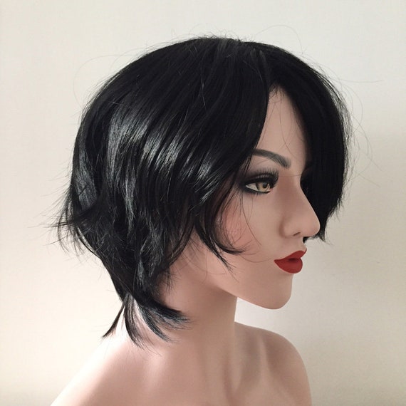 Women Black Messy Asymmetrical Side Swept Long Bangs Short Layers Cutting Hair Wig Free Cap