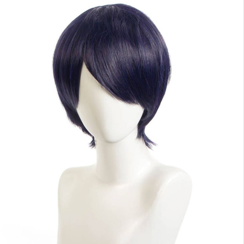 Men Cosplay Black Dark Navy Side Swept Bangs Short Hair Wig With Cap