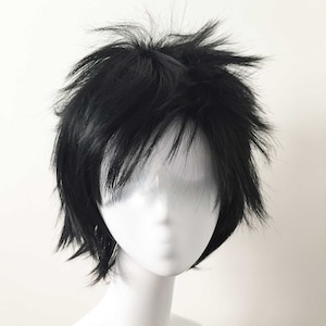 Men Black Short Layer Hair Long Bangs Cosplay Anime Wig Free Cap