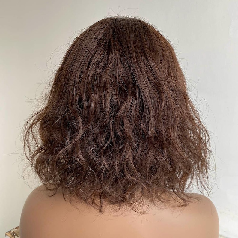 Dark Brown Human Hair Wig For Women Short Bob Curly Wig With Bangs Straight Real Hair Long Bangs Ladies Wig Natural Chemo Wig
