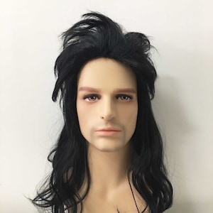 Men Retro 70&#39;s Punk Rock Disco Mullet Fluffy Long Straight  Black Hair Costume Cosplay Wig