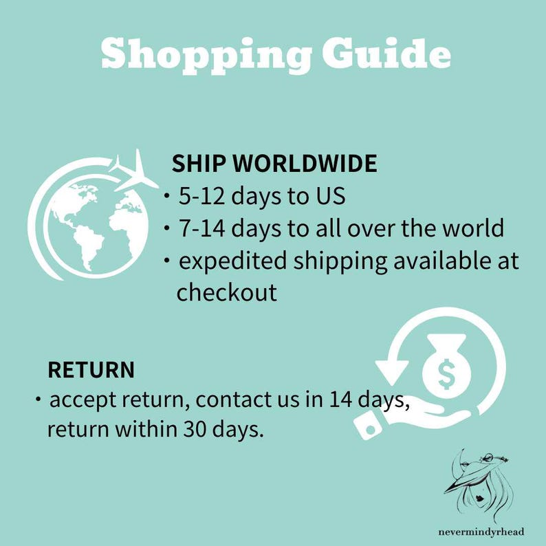 May include: A graphic with a world map and a money bag icon, outlining shipping and return policies.  The text reads "Ship Worldwide" with shipping times to the US and worldwide.  The text also reads "Return" with a policy of accepting returns within 30 days of contact.