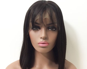 Black Human Hair Wig For Women Lace Front Real Hair Wig With Bangs Shoulder Length Straight Hair Natural Looking Wig 12 Inches