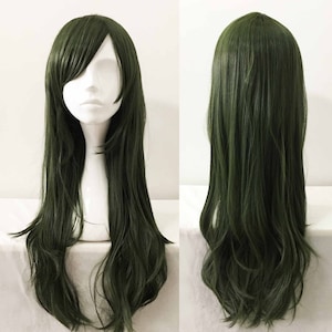 Dark Green Long Straight Short Layers Hair Side Swept Bangs Girl Cosplay Anime Wig Free Cap