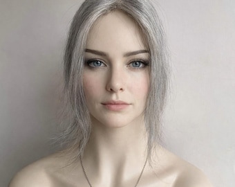 Women Silver Gray Salt And Pepper Human Hair Topper For Thinning Hair Straight Clip-In