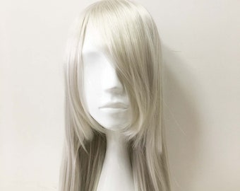 Unisex White Long Side Swept Bangs Long Straight Hair Cosplay Anime Party Wig