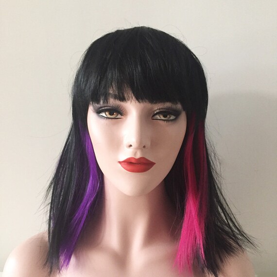 Women Bob Black Two Tone Color Highlight Pink Purple Shoulder Etsy