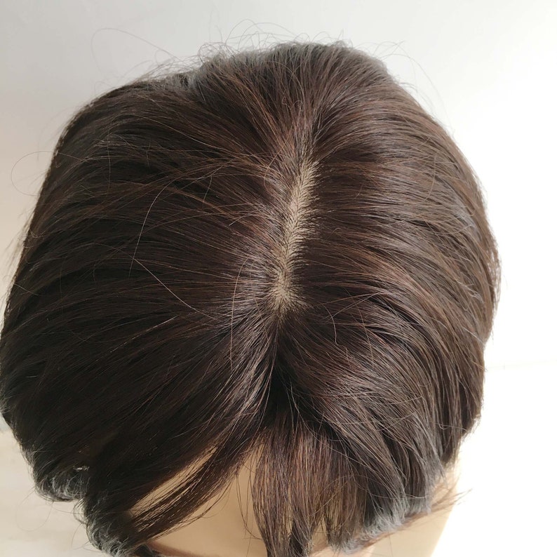 Men Dark Brown Real Human Hair Short Straight Side Part Curtain Bangs Wig