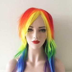 Women Rainbow Color Wig Long Straight Hair Wig With Long Bangs LGBTQ Pride Parade Wig For Cosplay Party Costume Wig