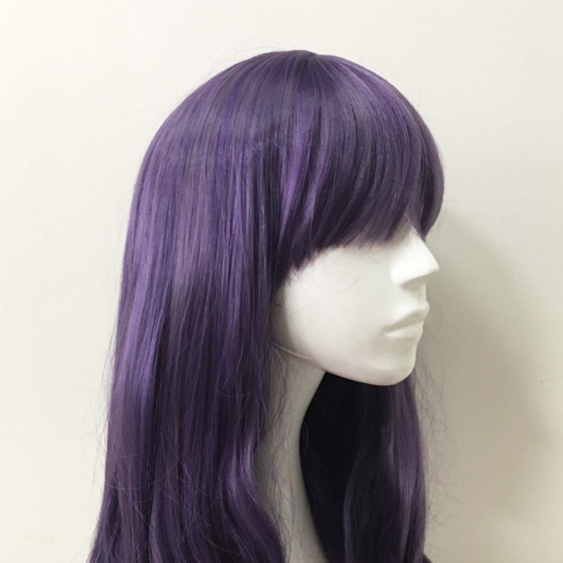 Women Purple Extra Long Curly Wavy Bob Bangs Anime Cosplay Wig Free CAp image 6