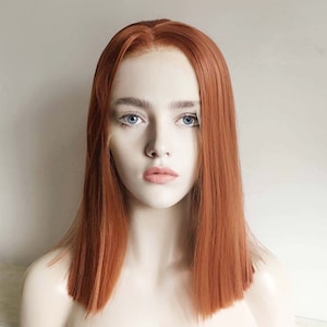 Women Lace Front Wig Auburn Dark Red Ginger Brown Wig Straight Medium Length Blunt Cut Middle Part Wig 14 Inches
